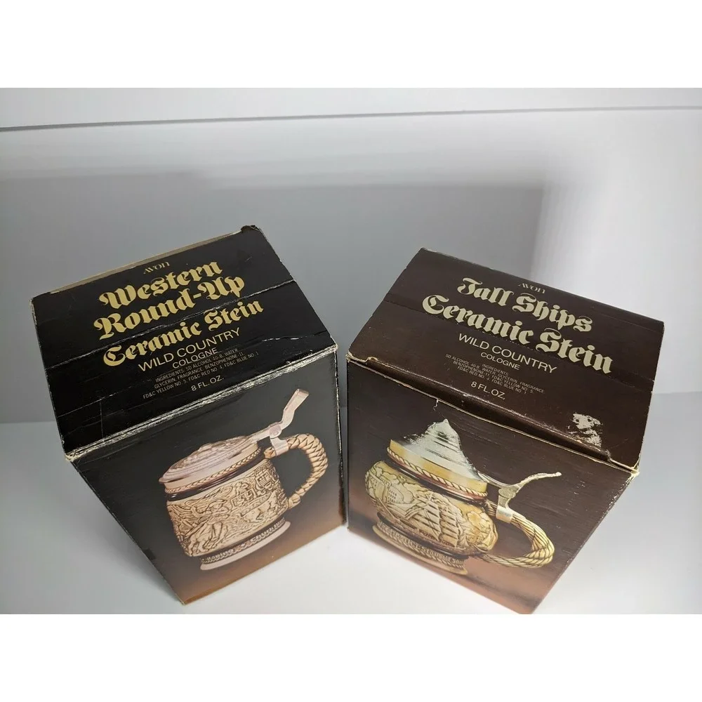 Vintage Avon Ceramic Beer Steins Western Round Up & Tall Ships Set of 2 with Box